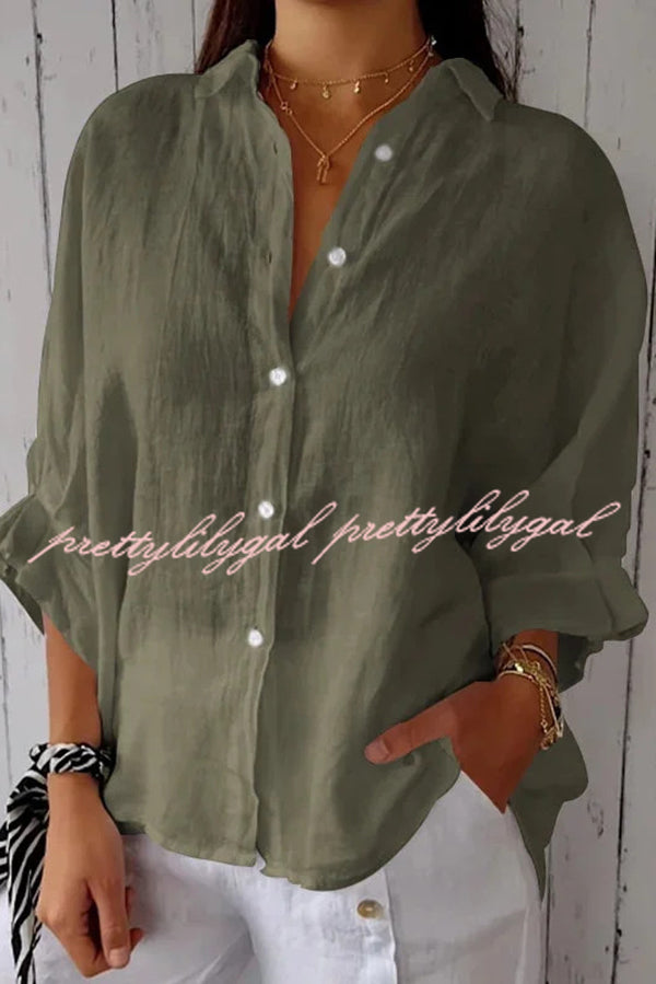 Linen Blend Solid Color Tie Back Loose Shirt Top