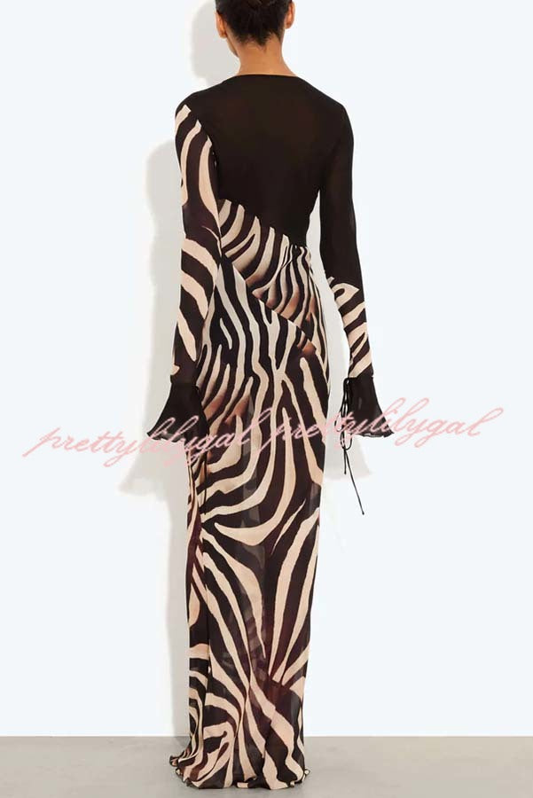 City Night Chiffon Colorblock Animal Print Tie-up Long Sleeve Maxi Dress