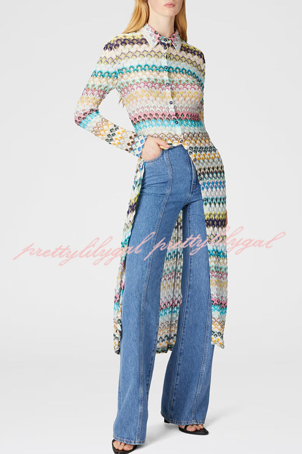 Anna Knit Colorful Herringbone Print Shirt Neck Button Long Sleeve Slim-fit Long Cardigan