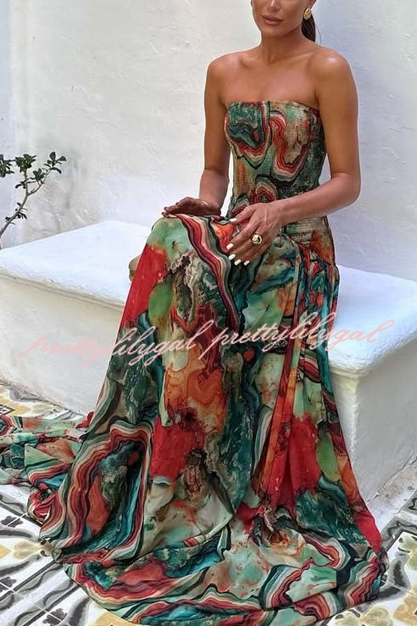 Vacay Vibes Colorful Lava Print Off Shoulder Smocked Scarf Maxi Dress