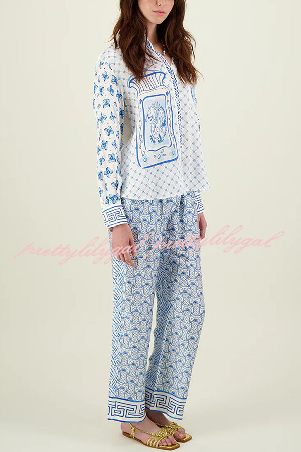 Stylized Dragon Satin Unique Print Long Sleeve Loose Shirt and Elastic Waist Pants Set