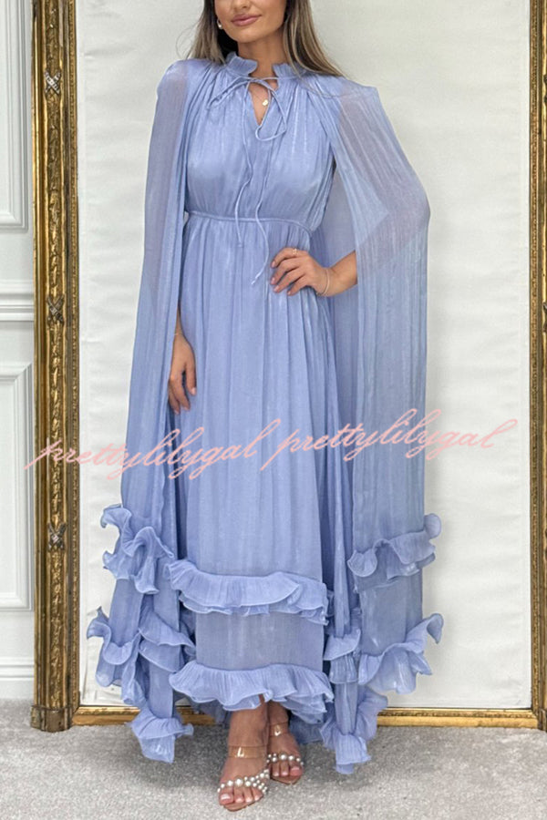 Fashionable V-neck Lace-up Ruffled Double-layer Hem Maxi Dress