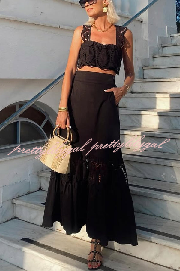 Summer City Hollow Lace Crop Tank and Elastic Waist Pocketed A-line Maxi Skirt Set