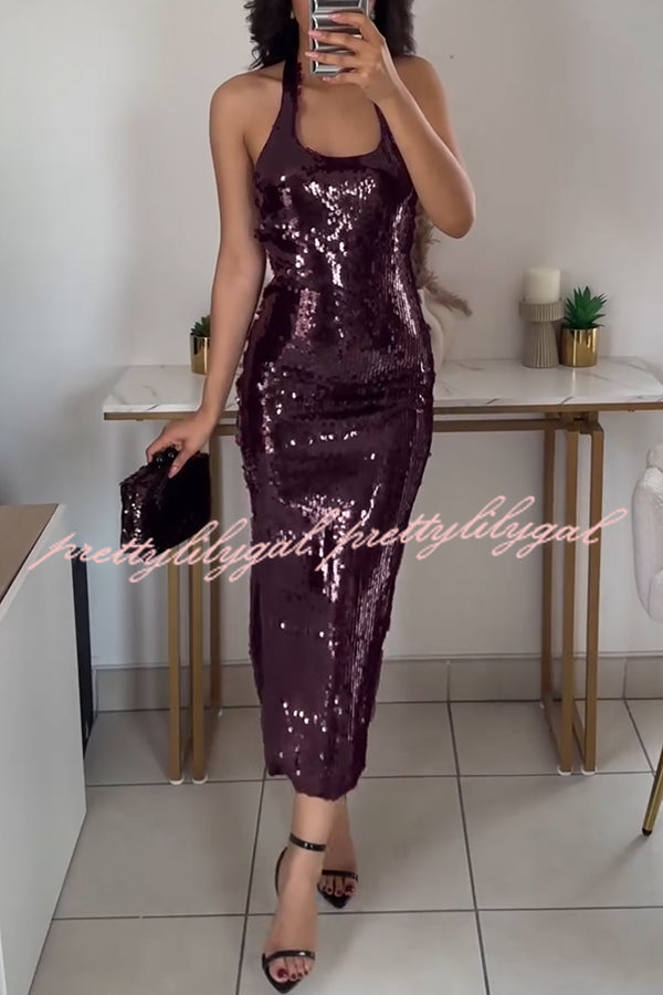 Night Glow Disc Sequin Halter Backless Slit Midi Dress