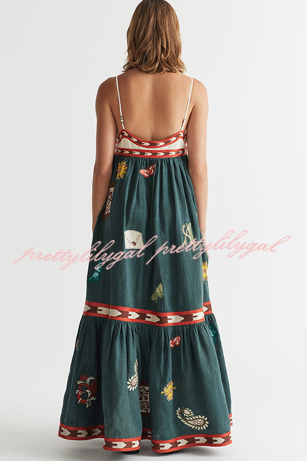 Unique Printed Sexy Suspender Backless Large Hem Maxi Dress