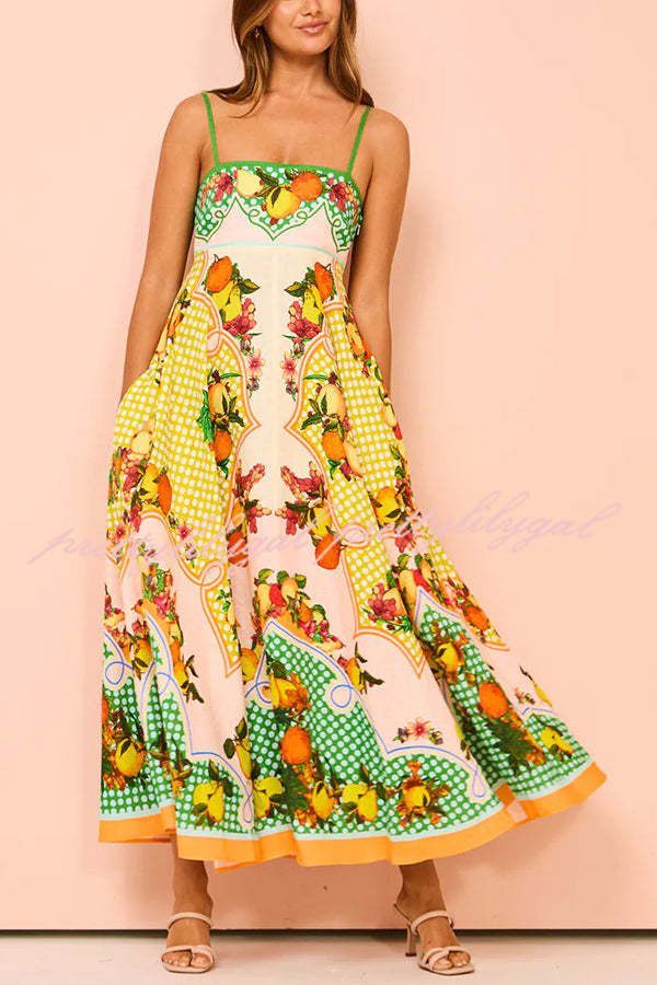 Enjoy Summer Lemon Linen Blend Unique Print Smocked Back Pocket Maxi Dress