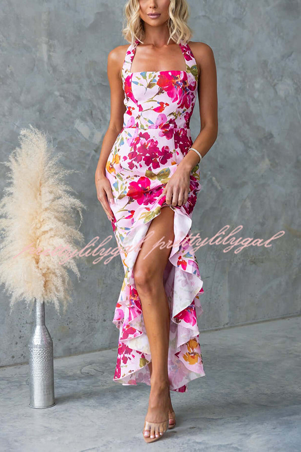Floral Fantasy Printed Halterneck Backless Slit Ruffles Maxi Dress