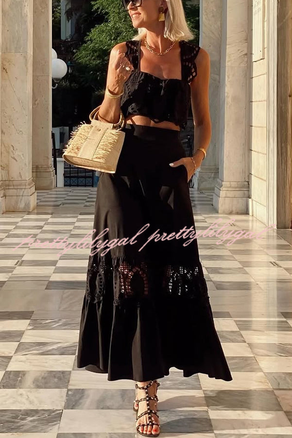 Summer City Hollow Lace Crop Tank and Elastic Waist Pocketed A-line Maxi Skirt Set