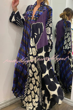 Creative Colorblock Print Long Sleeve Pocketed Shirt Maxi Dress