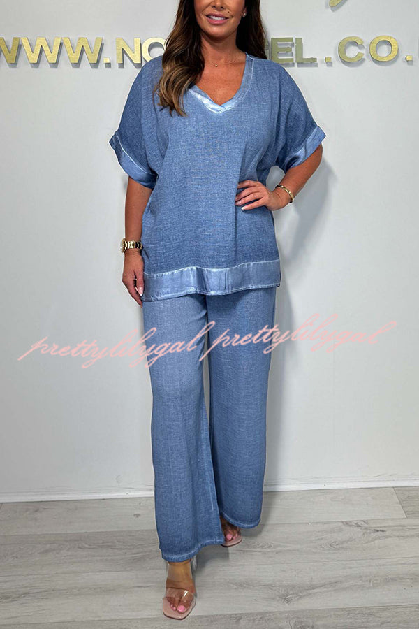 Fashionable V-neck Short-sleeved Loose Top and Elastic Waist Casual Wide-leg Pants Set