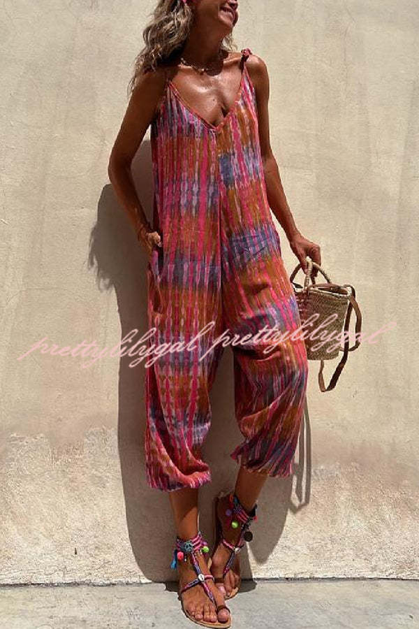 Brighton Beach Tie-dye Print Shoulder Tie Pocketed Loose Jumpsuit