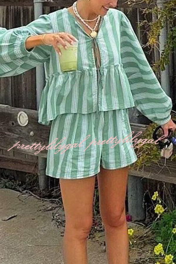 Stylish Striped Print V-neck Tie Top and Elastic Waist Loose Shorts Set