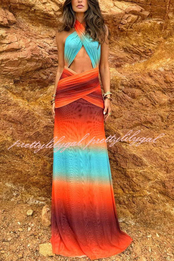 Neon Sunset Mesh Printed Cross Halter Neck Backless Vacation Maxi Dress