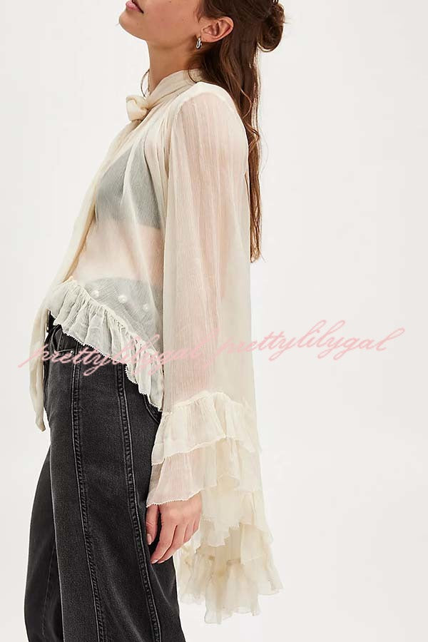Flowy See-through Ruffle Tie-up Neck Bell Sleeve High-low Hem Cape Shirt
