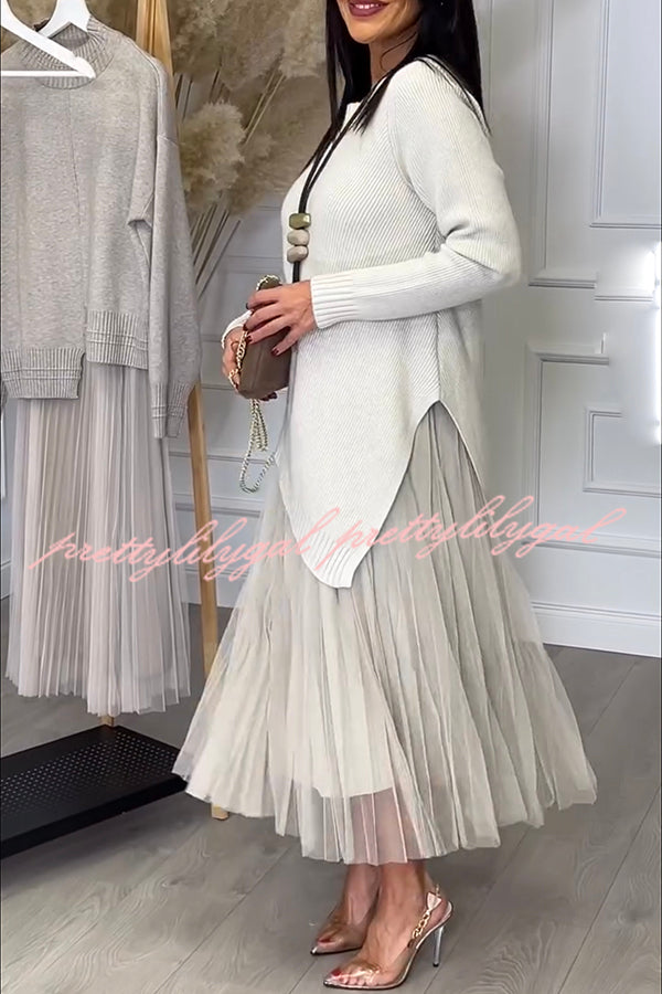 Jensine Ribbed Knit Irregular Loose Sweater and Pleated Tulle Tank Midi Dress Two-piece Set