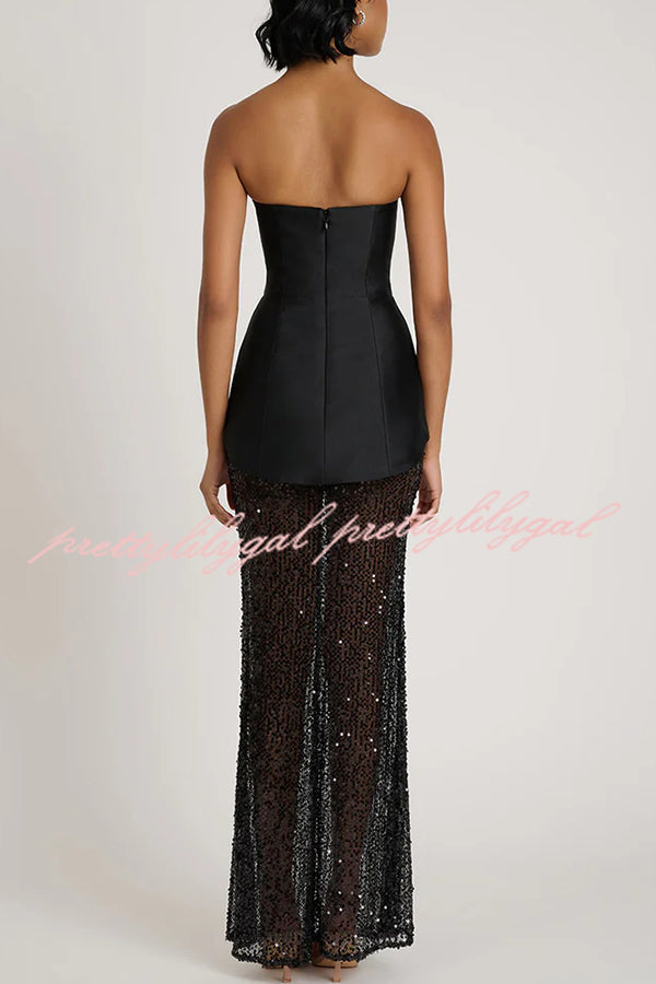 Nerissa Satin cutout metal ball Patchwork sequin hem strapless maxi dress