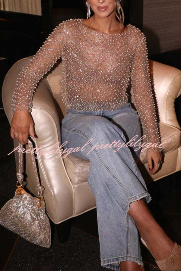 Champagne Kiss Sparkling Pearls Long Sleeve Loose Sheer Top