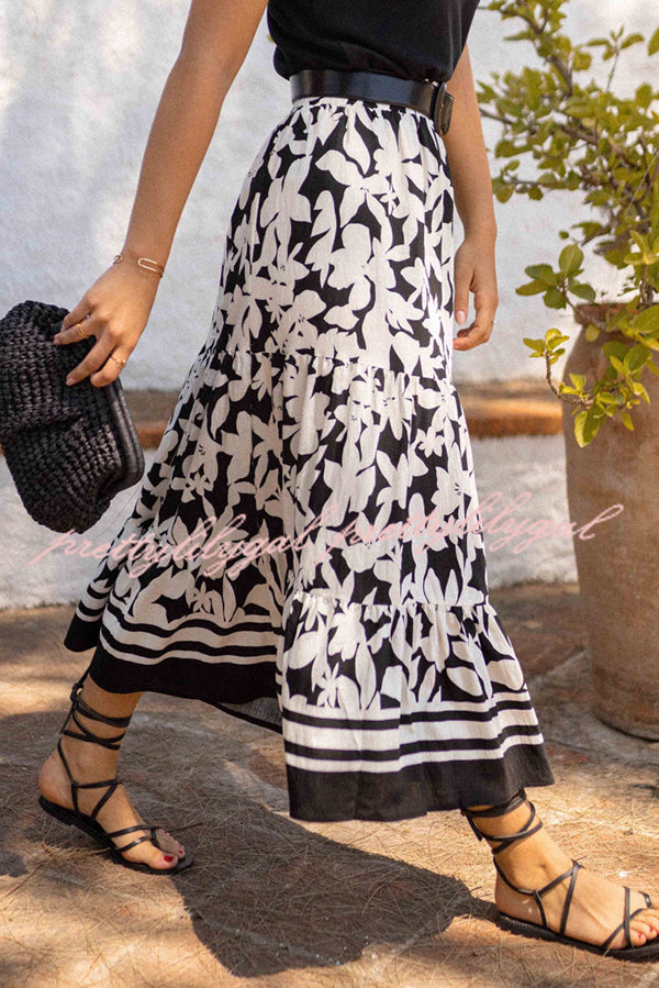 Resort Style Botanical Print Elastic Waist Loose Stitching Midi Skirt