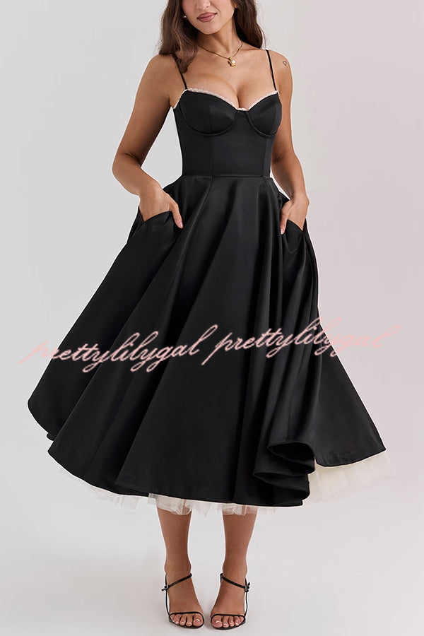 Fairytale Vibe Satin Patchwork Tulle Sweetheart Neck Pocket Stretch Midi Dress