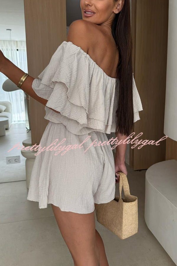Solid Color Off-shoulder Ruffled Casual Waist Rompers