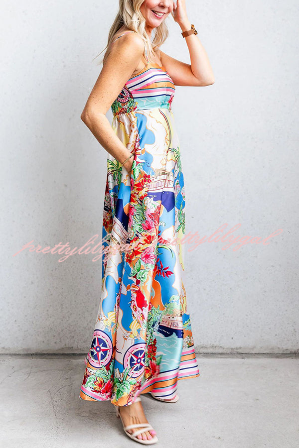 Satin Resort Print Sling Back Pleated Maxi Dress