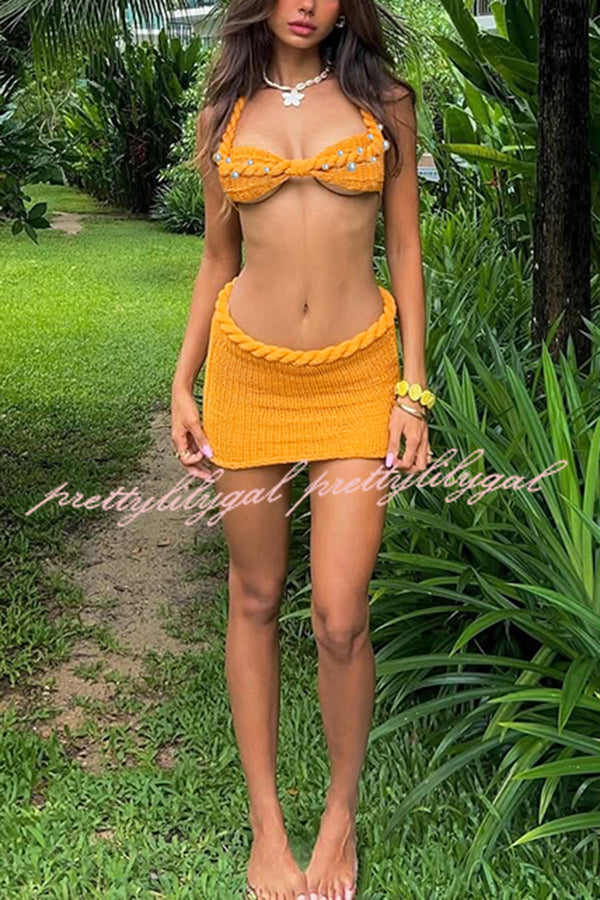 Sexy Halterneck Pearl-embellished Lace-up Tank and Fitted Knit Mini Skirt Set