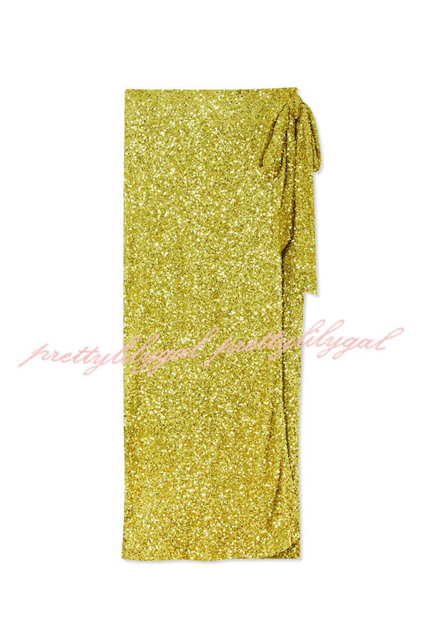 Disco Dancing Queen Sequin Wrap Tie-up Slit Midi Skirt