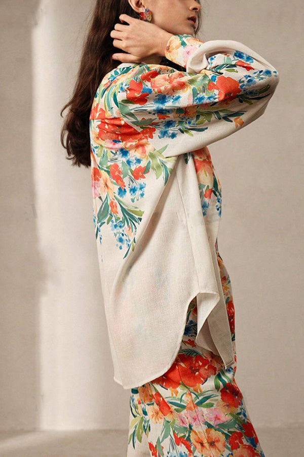 Floral Print Lapel Long Sleeve Shirt and Elastic Waist Pocket Casual Wide Leg Pants Set