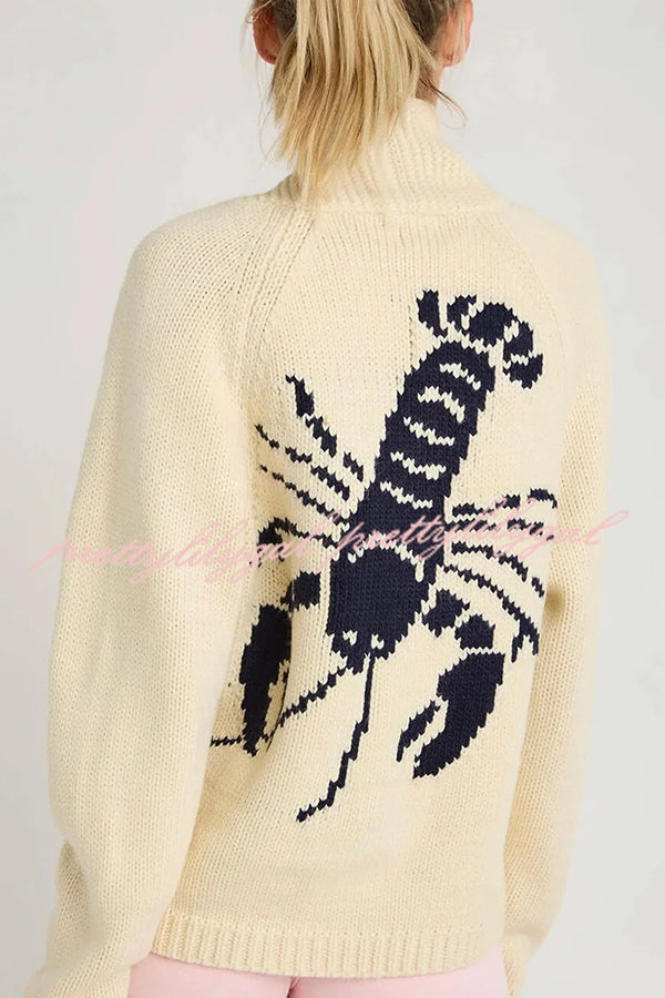 Fashion Lobster Pattern Casual Long Sleeve Knit Cardigan