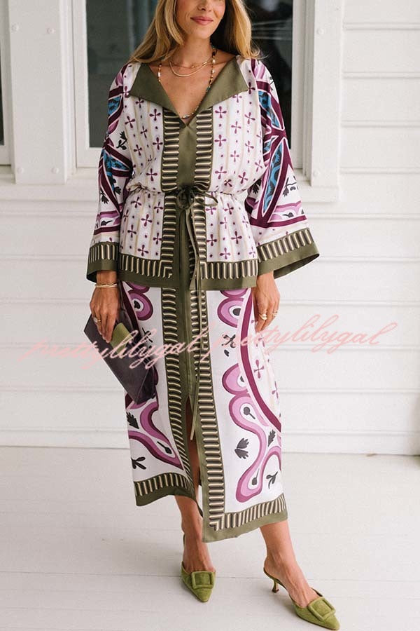 Texture and Elegance Satin Unique Print Bell Sleeve Drawstring Waist Slit Midi Dress