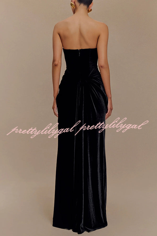 Paige Velvet Off Shoulder Side Pleated Hip Drape Maxi Dress