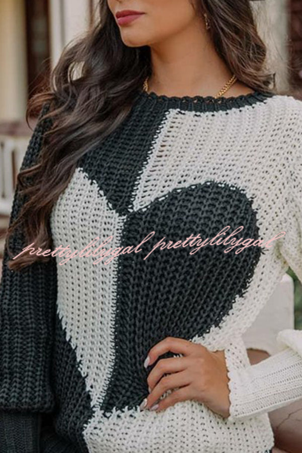 Round Neck Bell Sleeves Heart Contrast Knitted Long Sleeved Sweater