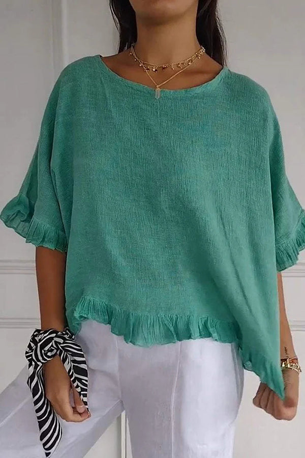 Solid Color Casual Round Neck Short Sleeve Ruffled Loose Top