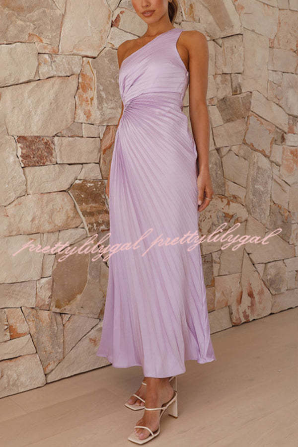 Charming One Shoulder Lace Up Cutout Pleated Maxi Dress