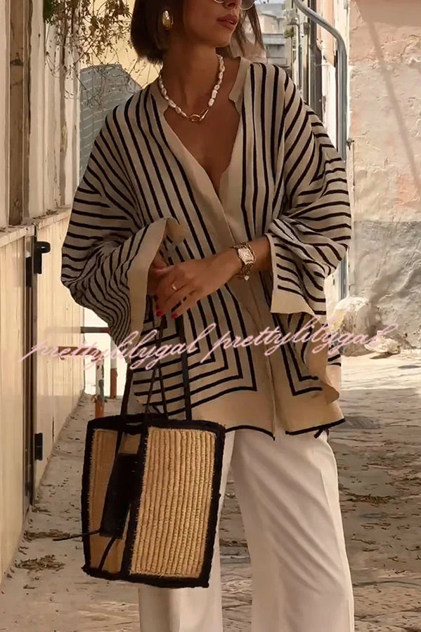 Comfortable and Effortless Striped Long Slit Sleeve Button Relaxed Loose Blouse