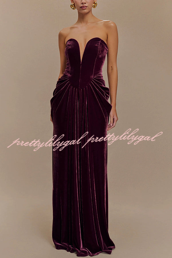 Paige Velvet Off Shoulder Side Pleated Hip Drape Maxi Dress