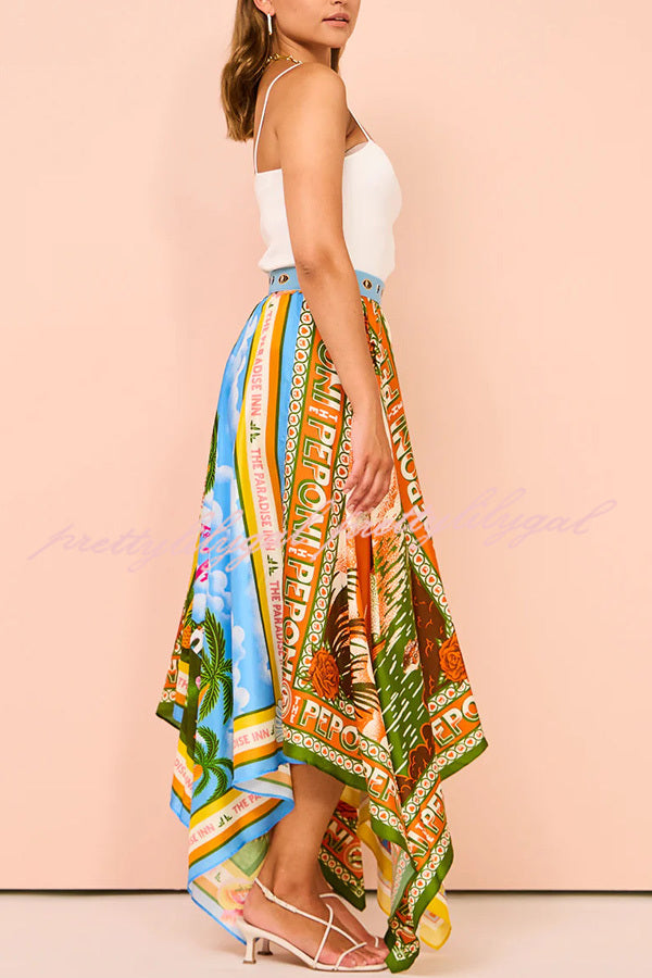 Summer Destination Satin Unique Print Elastic Waist Irregular Hem Maxi Skirt