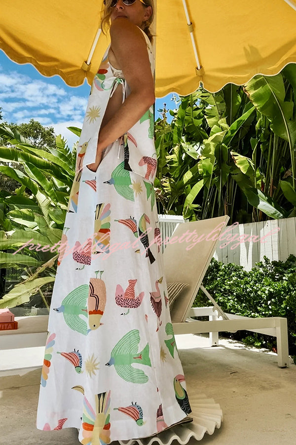 Island Paradise Linen Blend Unique Print Tie-up Slit Tank and Elastic Waist Pocketed Maxi Skirt Set