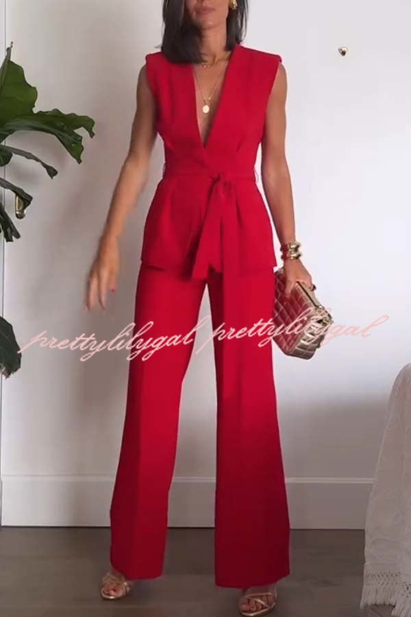 Keep It Classic V-neck Belted Vest and Mid Rise Pocket Wide Leg Pants Set