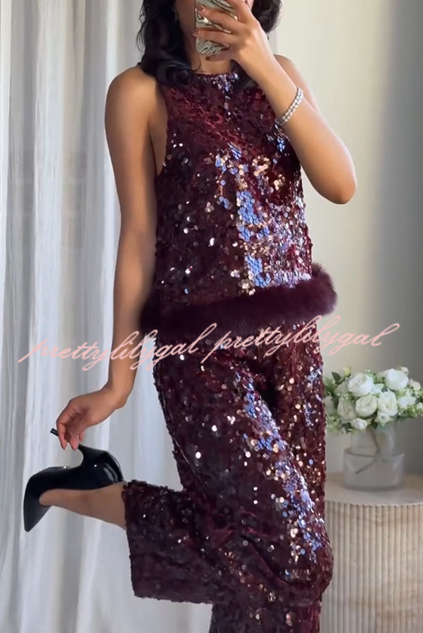 Gala Goddess Sequin Faux Fur Trim Crew Neck Sleeveless Loose Top