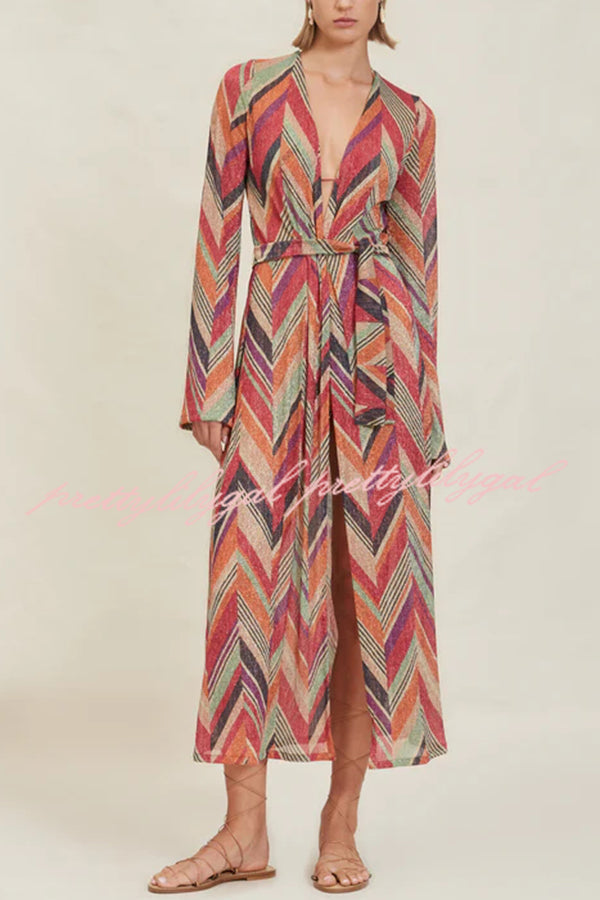 Gypsy Girl Triangle Pattern Tie-up Long Sleeve Midi Cover-up Robe