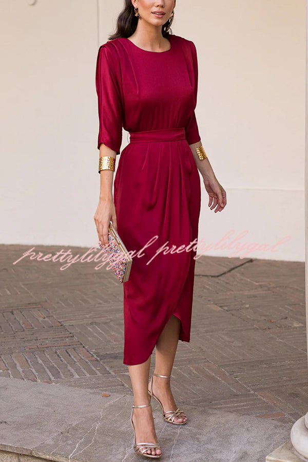 Satin Solid Color Round Neck Half Sleeve Waist Midi Dress