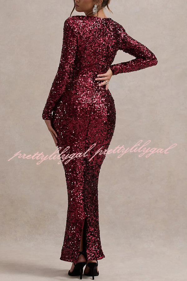 My Dream Sequin Square Neck Long Sleeves Slit Maxi Dress