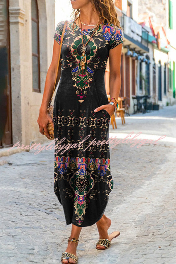 Ada Ethnic Floral Pocketed Daily /vacation Stretch Midi Dress