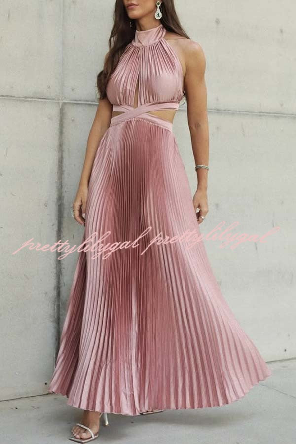 Stunning Choice Satin Pleated Halter High Neck Cutout Waist Backless Maxi Dress