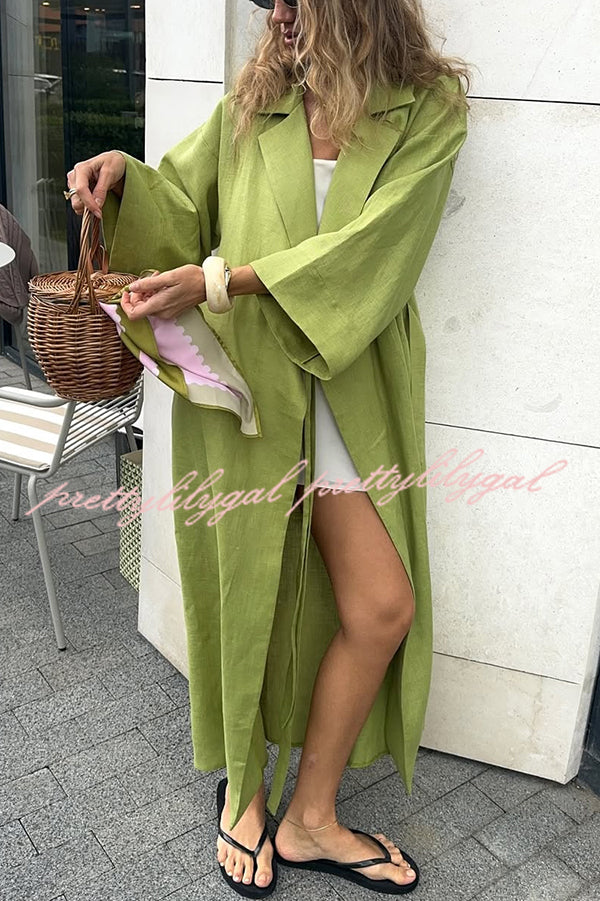 Linen Blend Solid Color Casual Lapel Tie Loose Maxi Dress
