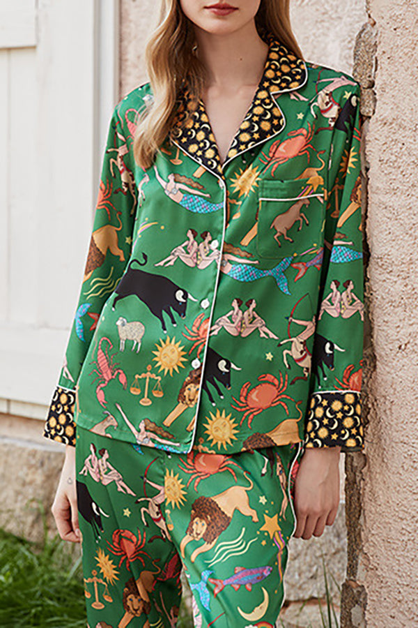 Green Constellation Printed Home Long Sleeved Two-piece Set