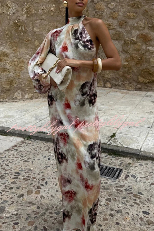 Ninah Satin Tie-dye Print Tie-up Neck One Sleeve H-line Maxi Dress