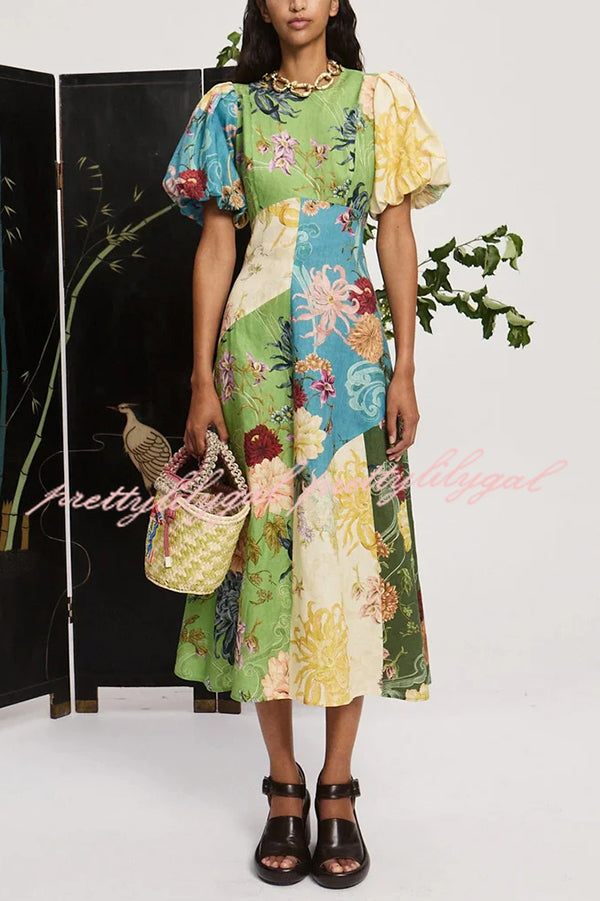 Floral Print Round Neck Puff Sleeve Casual Midi Dress