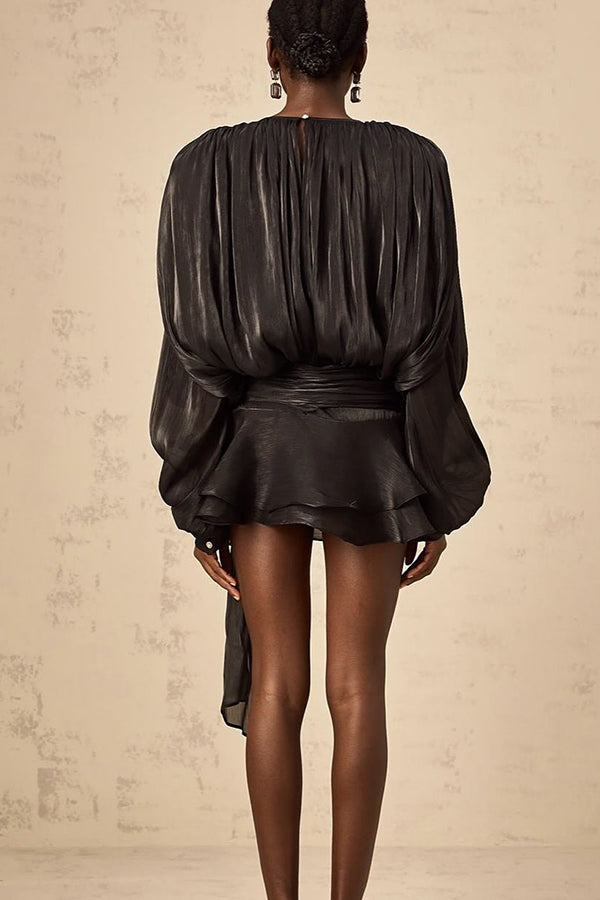 Solid Color Long-sleeved Belted Asymmetrical Mini Dress and Elastic Waist Casual Shorts Set